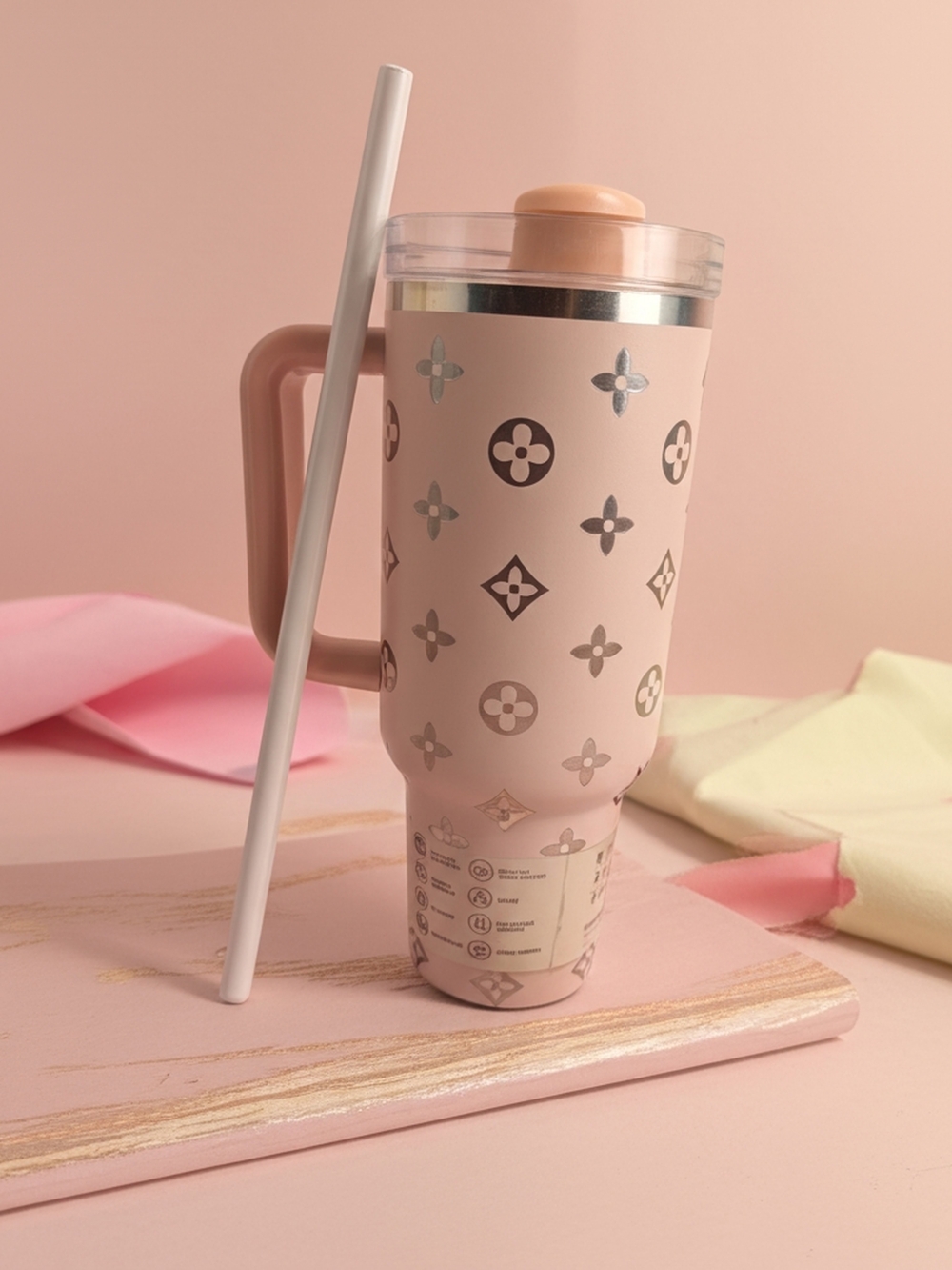 Luxury Pink Patterned Travel Mug with Handle